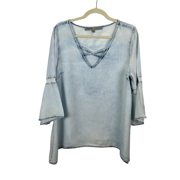 Absolutely Famous Light Denim Blue Boho Bohemian Peasant Blouse ~ Women'… - Picture 1 of 7